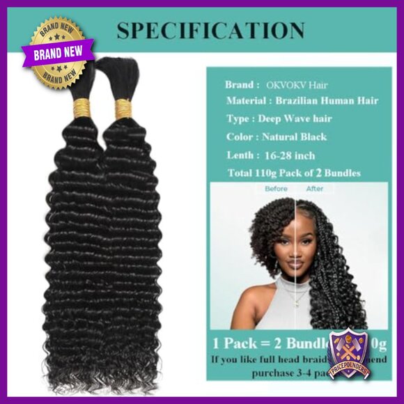Human Hair Extensions for Boho Braids, 16 Inch Deep Water Wave, 2 Bundles